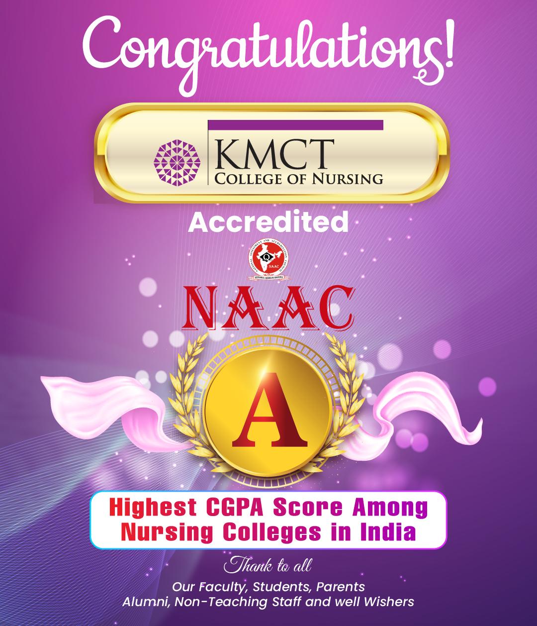 KMCT College of Nursing Achieves ‘A’ Grade in NAAC Accreditation, Setting New Standards with Highest CGPA Score Among Nursing Colleges in India